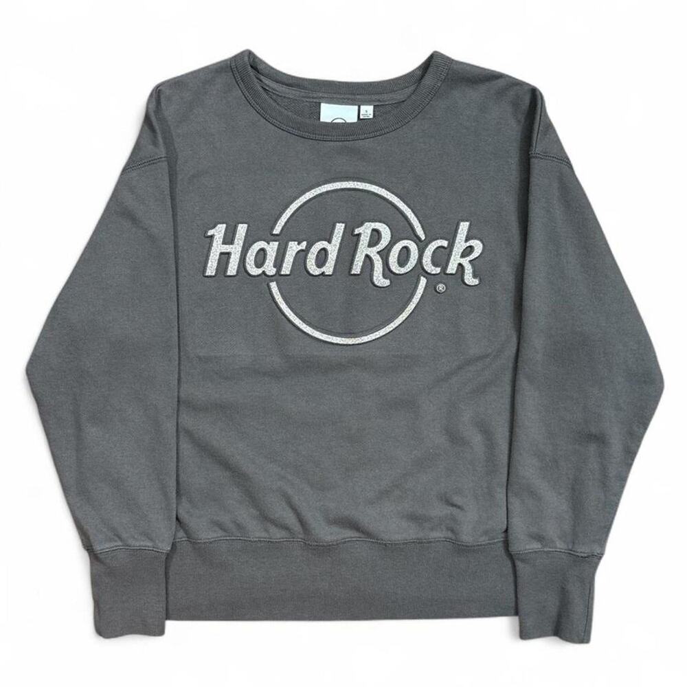 Hard Rock Cafe Women’s Charcoal Grey Glitter Logo Pullover Crewneck Sweater S